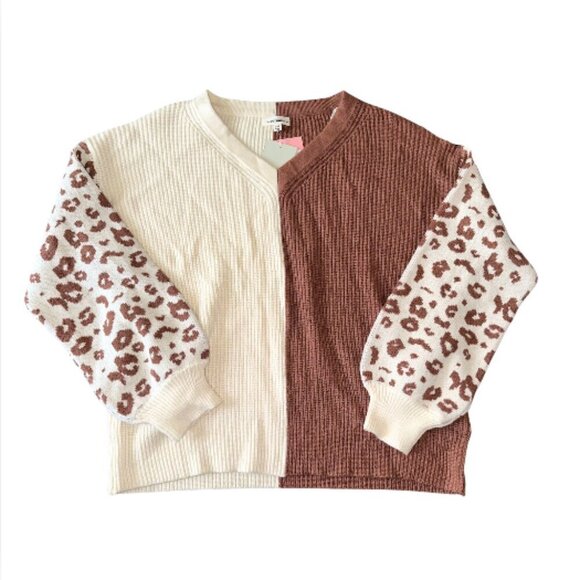 SALE - Eesome Women's Medium Color block Animal Print Chunky Knit Sweater Brown - Picture 1 of 12